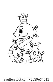 Christmas cute snake coloring book page. Christmas doodle book coloring page. Outline illustration.