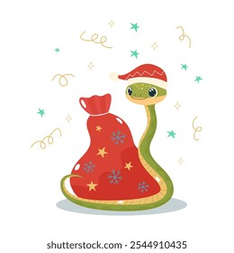 Christmas cute snake wraps around the gift bag. Symbol of Chinese 2025 new year. Flat style