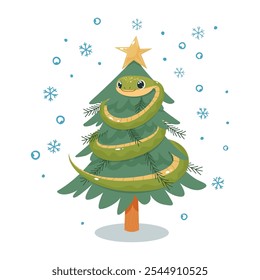 Christmas cute snake wraps around christmas tree. Symbol of Chinese 2025 new year. Flat style