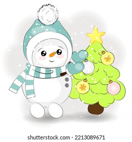 Christmas cute snowman decorates the Christmas tree, vector illustration