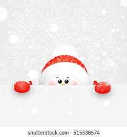  Christmas Cute Snowman  with falling snowflakes, snow standing behind a blank signboard, advertisement banner with copy space.  vector cartoon illustration. 