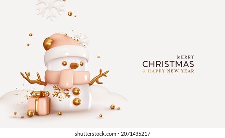 Christmas cute snowman with gift box realistic 3d design, gold metal balls and snowflakes. Festive winter composition. Happy New Year and Xmas. Holiday seasonal background. Vector illustration