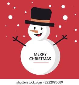 Christmas cute snowman with orange carrot nose in hat with snow on red background. New Year kawaii vector simple illustration with text for print, greeting cards. 
Happy New Year. 