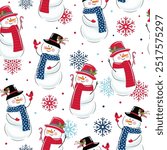 Christmas Cute Snowman 
Seamless Pattern with Cardinal bird and Candy Cane- Christmas Snowman Vector Illustration