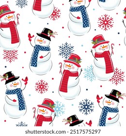 Christmas Cute Snowman 
Seamless Pattern with Cardinal bird and Candy Cane- Christmas Snowman Vector Illustration