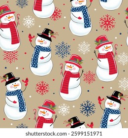 Christmas Cute Snowman Seamless Pattern with Cardinal bird and Candy Cane, Natural Background- Christmas Snowman Vector Illustration