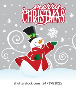 Christmas Cute Snowman with Snowflakes, Swirls, and Merry Christmas Text- Christmas Isolated Vector Illustration