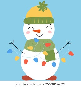 Christmas cute snowmen in hat and scarf with garland. New year illustration