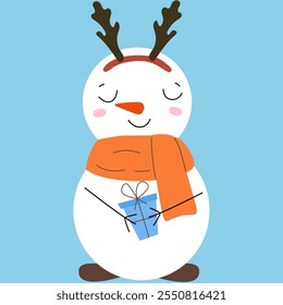 Christmas cute snowmen in scarf with gift. New year illustration.