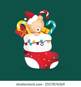 Christmas cute sock with cartoon cute bear,presents,candies and lights.Meryy Chrismtas and Happy New Year poster,banner with different elemnts.Vector design