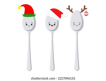 Christmas cute spoon kawaii character set isolated on white background. Cutlery flat design element - xmas tablespoon. Top view silver tableware. Vector cartoon style kitchenware illustration.