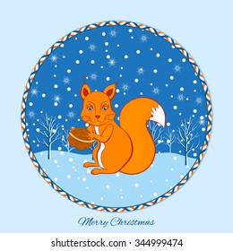 Christmas cute squirrel with walnut in paws sitting in front of winter trees and falling snowflakes in a round frame, Template Christmas and New Year greeting card, decorative poster, baby shower