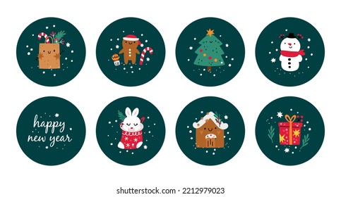 Christmas cute stickers flat illustration with cute characters: Santa, Snowman, Gingerbread man, tree, gifts. Traditional New Year design elements. Winter Christmas holidays decor collection