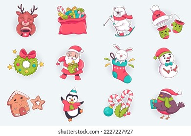 Christmas cute stickers set in flat cartoon design. Happy reindeer drinks cocoa, bag of gifts, polar bear on skis, Santa Claus, wreath and other. Vector illustration for planner or organizer template