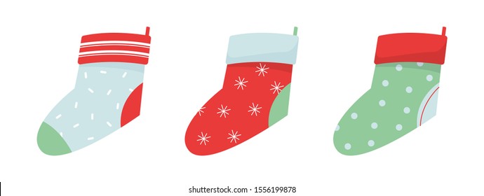 Christmas cute stocking for gift place inside. Decoration for home and fireplace with candy. Happy New Year concept. Isolated flat illustration