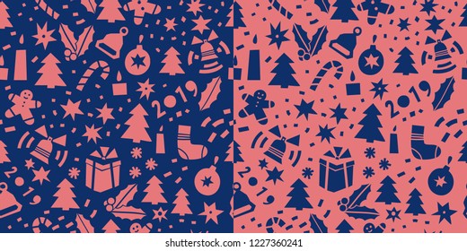 Christmas cute style seamless pattern. Vector background with coniferous, pine, fir, sock, branch, holly, star, cookie, bell. Winter backdrop. Merry Christmas banner.