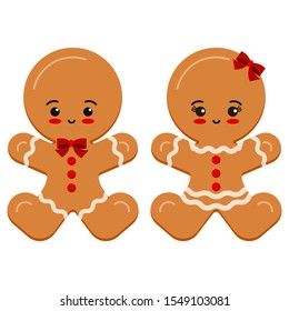 Christmas cute and sweet characters set glazed brown gingerbread man boy and girl with bow isolated on white background. Vector illustration in cartoon style. Flat kawaii child design emoji cookie. 