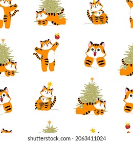 navidad lindo tigre sin costuras. Caricatura de gato predador de año nuevo. León con un árbol de Navidad y una estrella. Patrón plano vectorial de material aislado sobre fondo blanco. 