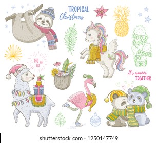 Christmas cute tropical animals: unicorn sloth pig lama flamingo. Hand drawn trendy doodle icon set. Merry Xmas, Happy New year cartoon sketch. Vector illustration isolated white backgraund & slogans