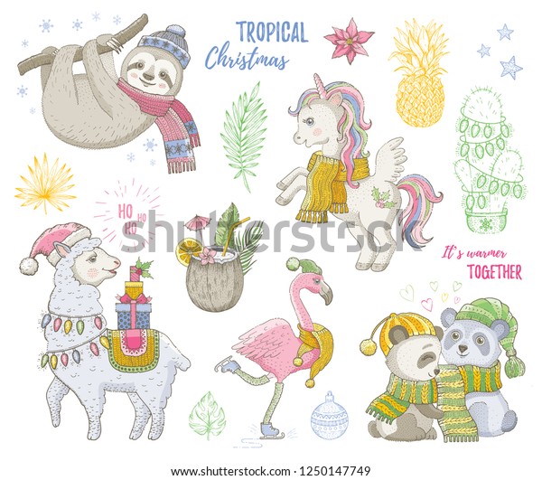 Image Vectorielle De Stock De Noel Adorables Animaux Tropicaux Lama Flamingo