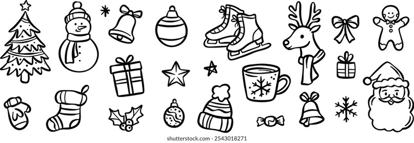 Navidades lindo Vector doodle conjunto, ilustración de tinta para las vacaciones de invierno decorativo festivo Clip arte conjunto, aislado