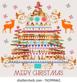 Christmas cute vector greeting card with tree and deer in vintage style