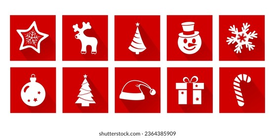 Icono vectorial lindo de Navidad, conjunto de vacaciones de invierno, diseño de temporada roja y blanca. Ilustración de la decoración de dibujos animados 