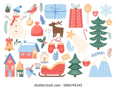 Christmas cute vector illustration set. Cartoon xmas design elements collection with Christmas tree and holiday decoration, present gifts and snowflake, funny snowman, kids toys isolated on white