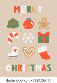 Christmas. Cute vector illustrations of winter objects - Christmas tree ball, snowflake, gingerbread man, candy cane, gift, sock. Holiday icons for greeting cards, banners or posters.