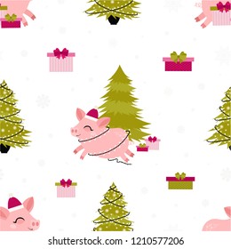 Christmas. Cute vector seamless pattern with pink pig, christmas tree and gift boxes. 2019. New year.