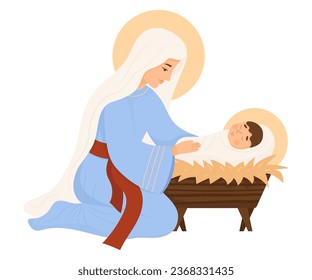 Christmas. Cute Virgin Mary and baby Jesus Christ in manger. Vector illustration in cartoon flat style for Xmas holiday design, decor, postcards