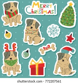 Christmas cute white dogs with brown spots sticker set . Funny pets with xmas tree, decoration, gift boxes and lettering Happy holidays vector illustration. 