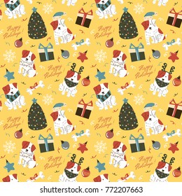 Christmas cute white dogs with brown spots seamless pattern. Funny pets with xmas tree, decoration, gift boxes and lettering Happy holidays wallpaper. Winter celebration vector background. 