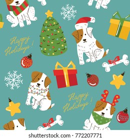 Christmas cute white dogs with brown spots seamless pattern. Funny pets with xmas tree, decoration, gift boxes and lettering Happy holidays wallpaper. Winter celebration vector background. 