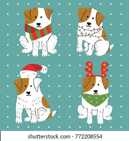 Christmas cute white dogs with brown spots. Funny pets with Santa hat, deer horns, warm striped scarf and garland vector illustration. 