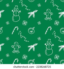 Christmas cute white doodle seamless pattern on the green background. Isolated vector illustration. Christmas gift paper. New Year mood. Winter decoration. Snowman, balls, snowflakes, gingerbread man,