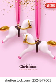 Natal bonito cavalo branco balançando pendurado na fita rosa, dourado caindo estrelas confete e fundo rosa suave. Cartaz realista 3d design Xmas com estatueta de cerâmica festiva. Ilustração vetorial