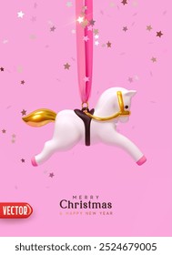 Navidades lindo caballo mecedor blanco colgando en cinta rosa, confeti de estrellas caídas de oro y fondo rosa suave. Cartel realista de la Navidad del diseño 3d con la figurilla de cerámica festiva. Ilustración vectorial