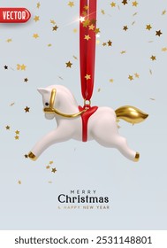 Christmas cute white rocking horse hanging on pink ribbon, golden falling stars confetti and soft pink background. Realistic 3d design Xmas poster with festive ceramic figurine. Vector illustration