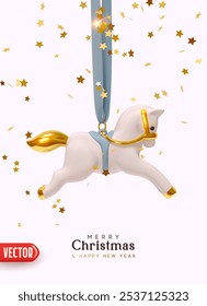 Christmas cute white rocking horse hanging on pink ribbon, golden falling stars confetti and soft pink background. Realistic 3d design Xmas poster with festive ceramic figurine. Vector illustration