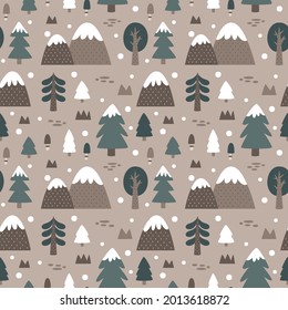 Navidad lindo y salvaje vectores de bosque de invierno sin fisuras con árboles de Navidad, montañas, piedras, arbustos al moderno estilo escandinavo Boho