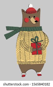 Christmas cute winter character. Bear vector illustration on cozy sweater. Perfect for xmas cards, posters, print, wrap paper and souvenir decor
