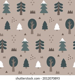 Christmas cute winter forest vector seamless pattern with Christmas trees, stones, bushes in trendy Boho style