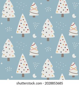 Christmas cute winter forest vector seamless pattern with Christmas trees, moon, graphic elements in trendy modern style