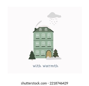 Christmas Cute Winter House With Christmas Tree Landscape. Hand Drawn Doodle Tiny Home Drawing Xmas Childish Vector Illustration In Flat Style For Kids T Shirt, Poster Print, Greeting Card Design