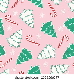 Christmas cute winter vector seamless pattern with Christmas trees and candy cane. Happy New Year background. For print, menu, wrapping paper, wallpaper, packaging, banner, poster, header