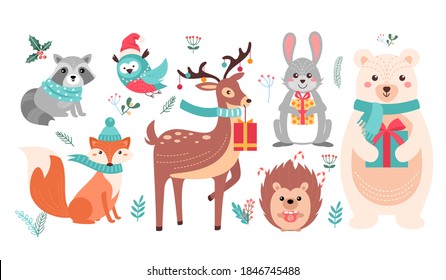 Juego de ilustraciones vectoriales de animales de bosque lindos de Navidad. Divertidos navidades animales personajes sosteniendo regalos y tazas de bebidas calientes, usando bufanda y sombrero rojo de Papá Noel, fondo dibujado a mano de Navidad