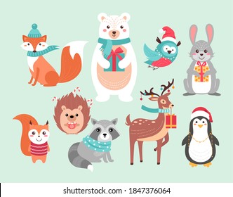 Christmas cute woodland animals vector illustration set. Funny forest xmas animal characters holding gifts and hot drink mug, wearing scarf and red Santa Claus hat