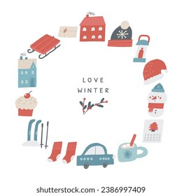 Christmas cute wreath with sledges, houses, Santa hat, snowman, socks, cup of tea, ski, cupcake, gift, car, calendar, text space Hand drawn doodle circle round banner, invitation card