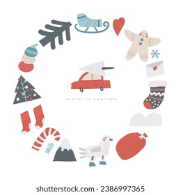 Christmas cute wreath with Christmas tree, garland, socks, candy stick, Santa bag, ginger bread man, car, polar gull, sledges, text space. Hand drawn doodle circle round banner, invitation, card